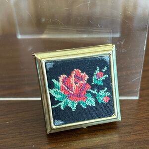 Vintage embroidered brass purse ashtray 1940’s pocket ashtray mini tapestry